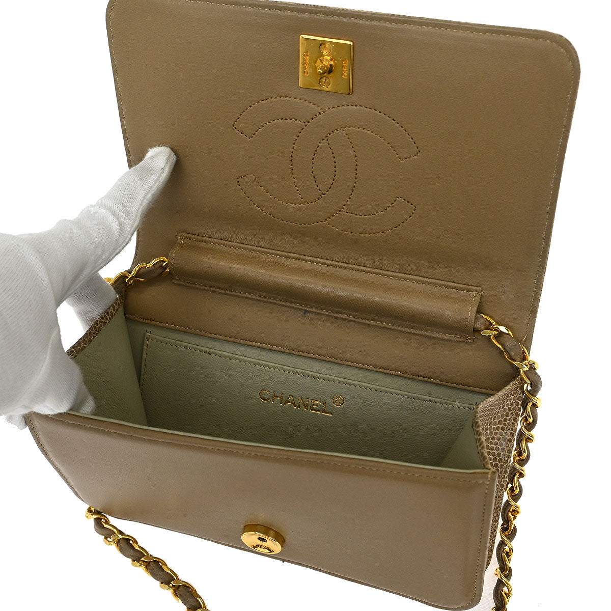 Chanel * Beige Lizard Pushlock Mini Full Flap Shoulder Bag