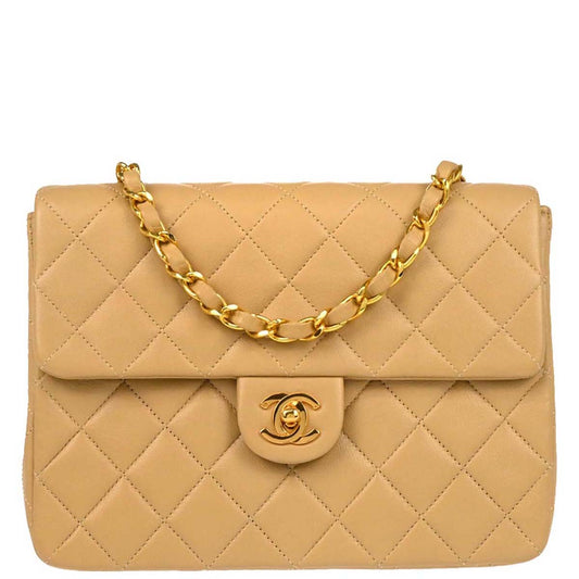 Chanel Beige Lambskin Classic Square Flap Shoulder Bag