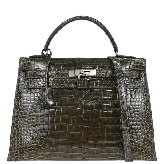 Hermes * Gris Fonce Porosus Kelly 35 Sellier 2way Shoulder Handbag