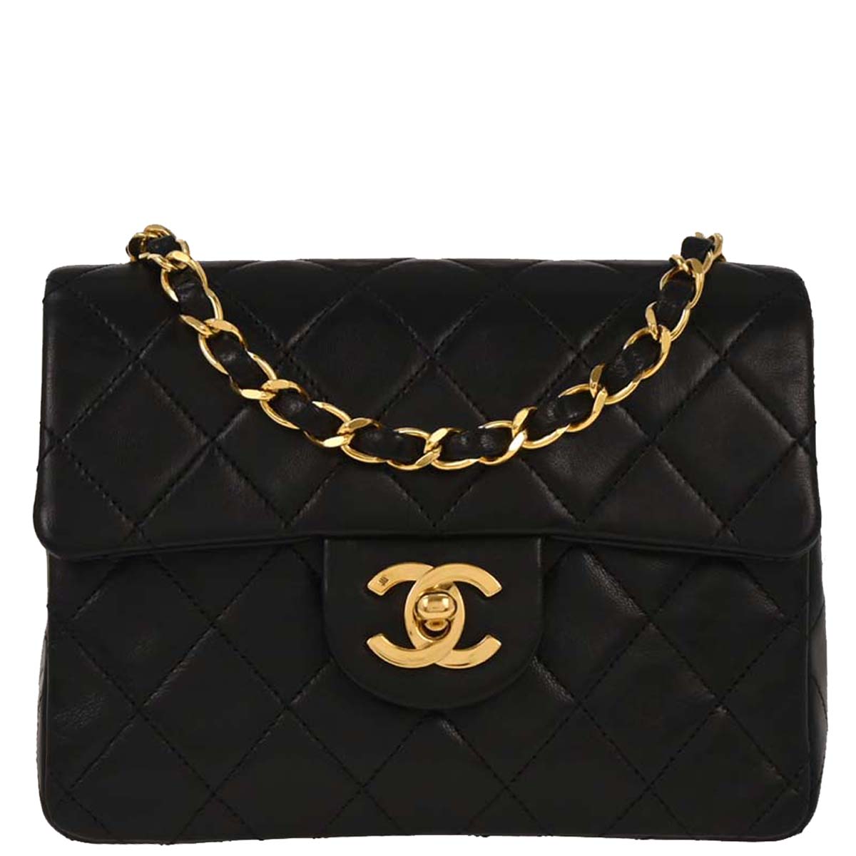 Chanel 1989-1991 Black Lambskin Mini Classic Square Flap Shoulder Bag