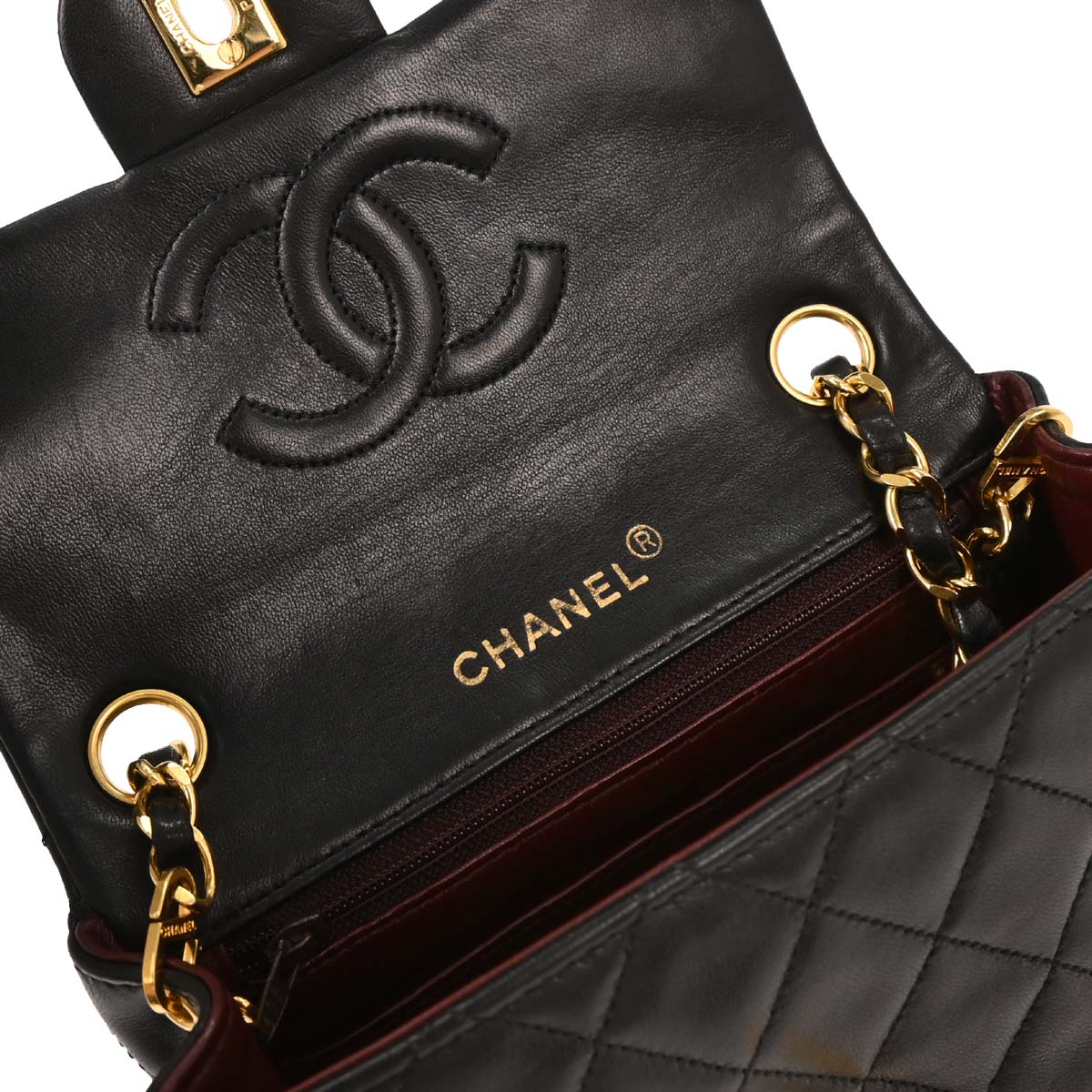 Chanel 1989-1991 Black Lambskin Mini Classic Square Flap Shoulder Bag