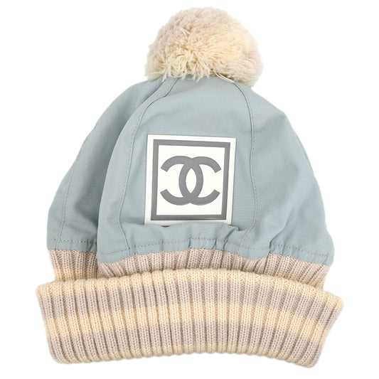 Chanel Light Blue Knit Cap Hat Sport Line #M Small Good