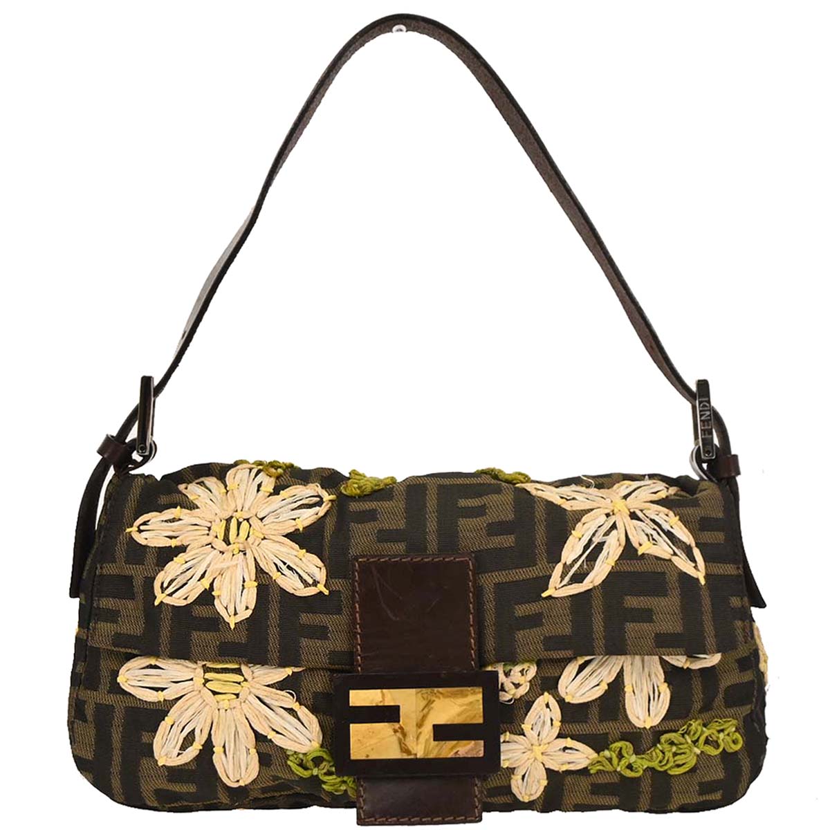 Fendi Brown Zucca Floral Baguette Handbag