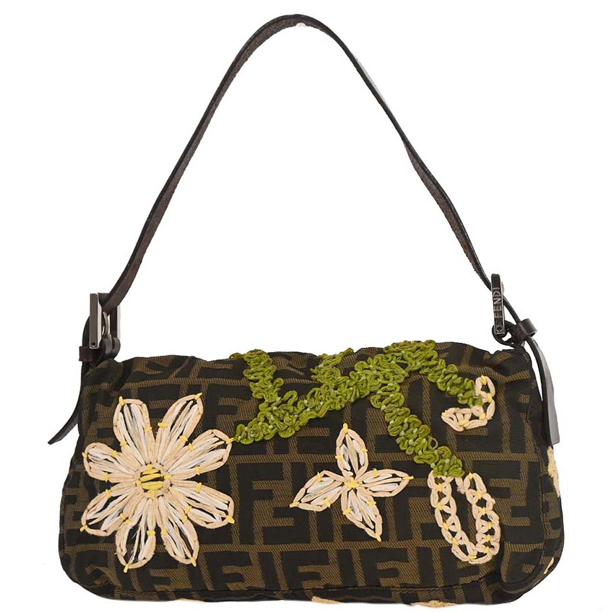 Fendi Brown Zucca Floral Baguette Handbag