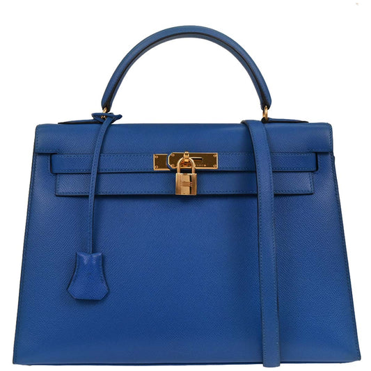 Hermes 1996 Blue France Courchevel Kelly 32 Sellier Handbag