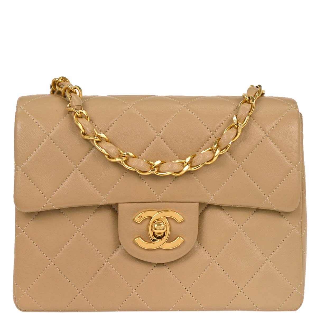 Chanel 1989-1991 Beige Lambskin Mini Classic Square Flap Shoulder Bag