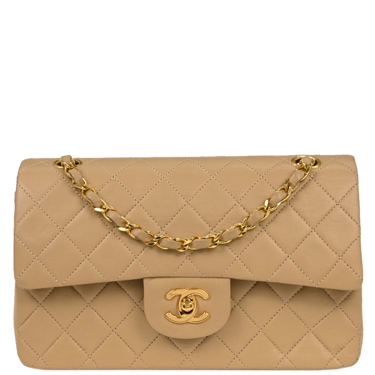Chanel 1989-1991 Beige Lambskin Small Classic Double Flap Shoulder Bag