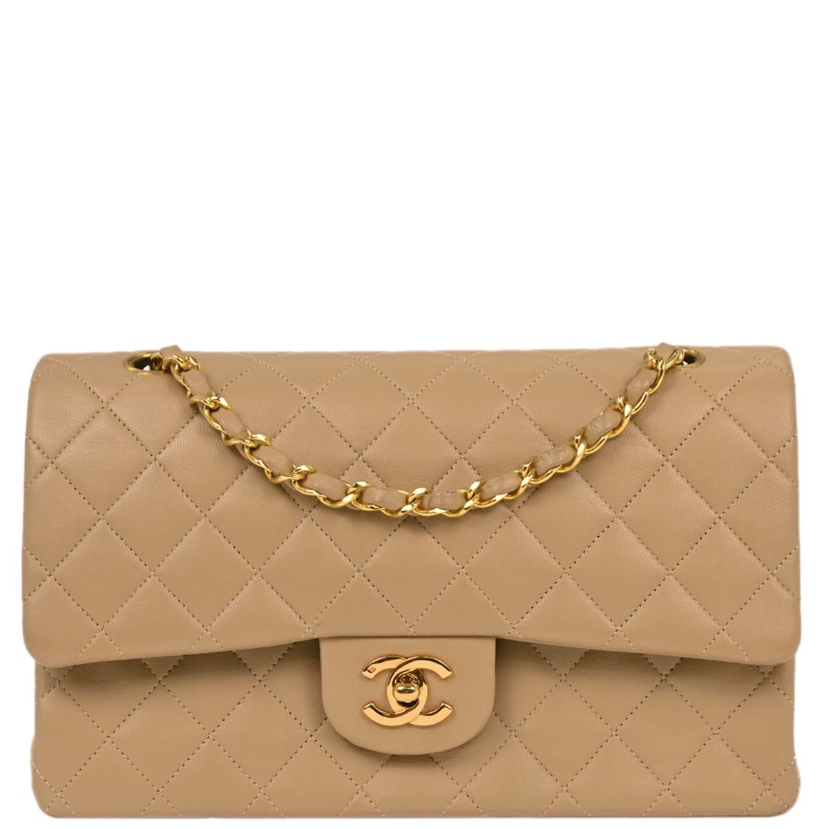 Chanel 1989-1991 Beige Lambskin Medium Classic Double Flap Shoulder Bag
