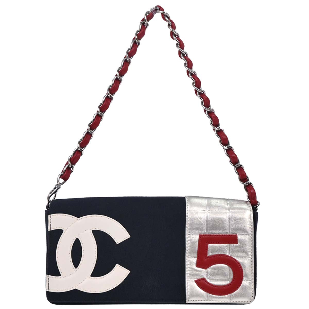 Chanel 2001-2003 Navy Silver Canvas No.5 Choco Bar Handbag