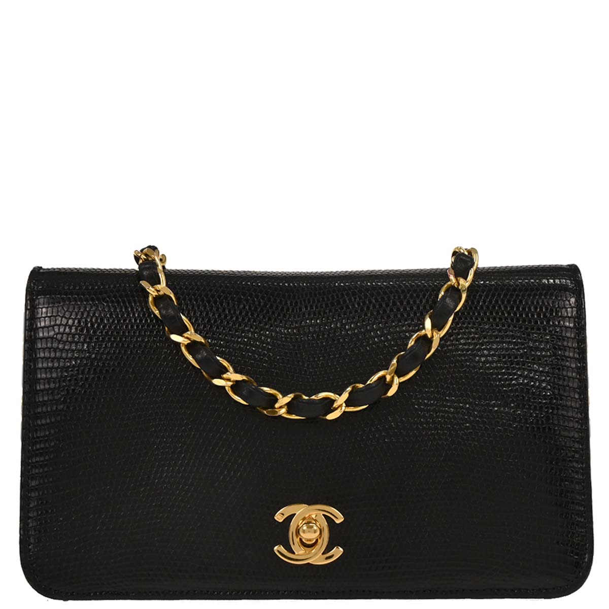 Chanel * Black Lizard Turnlock Mini Full Flap Shoulder Bag