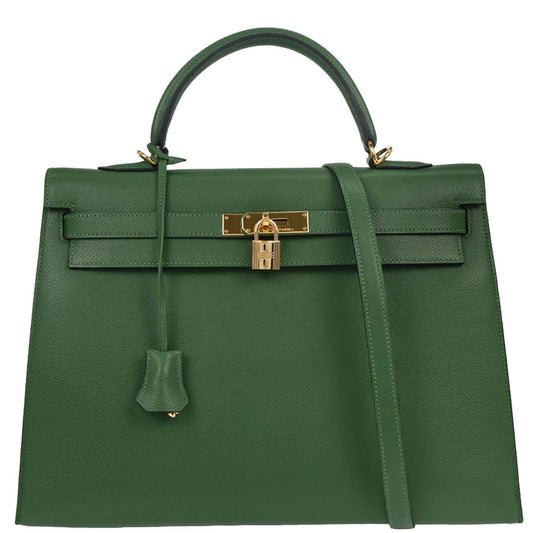 Hermes 2003 Green Courchevel Kelly 35 Sellier 2way Shoulder Handbag