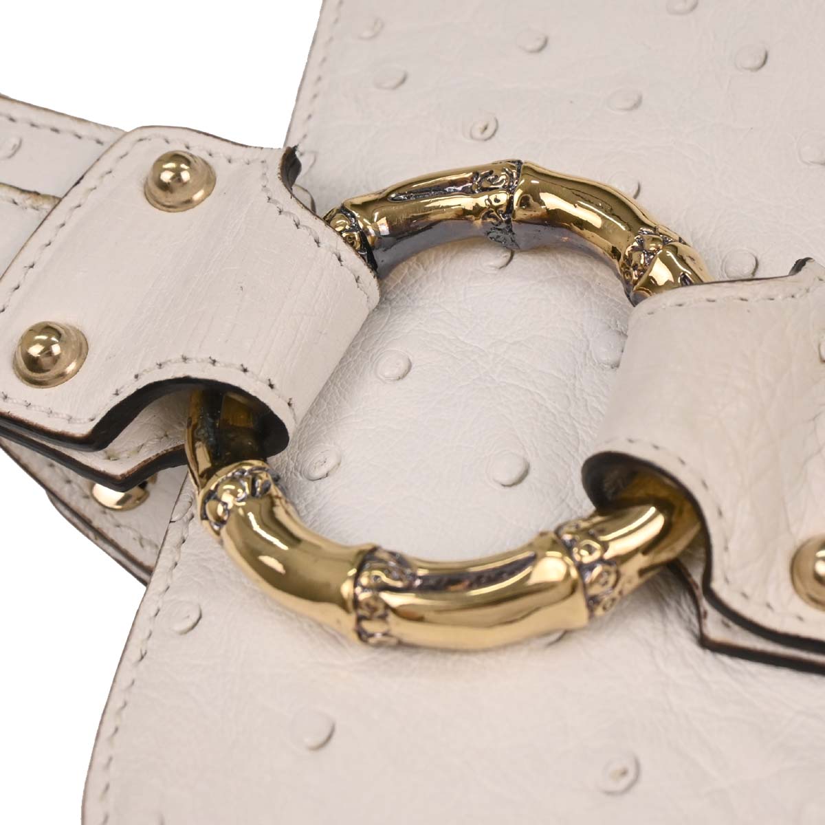 Gucci * White Ostrich Metal Bamboo Handbag