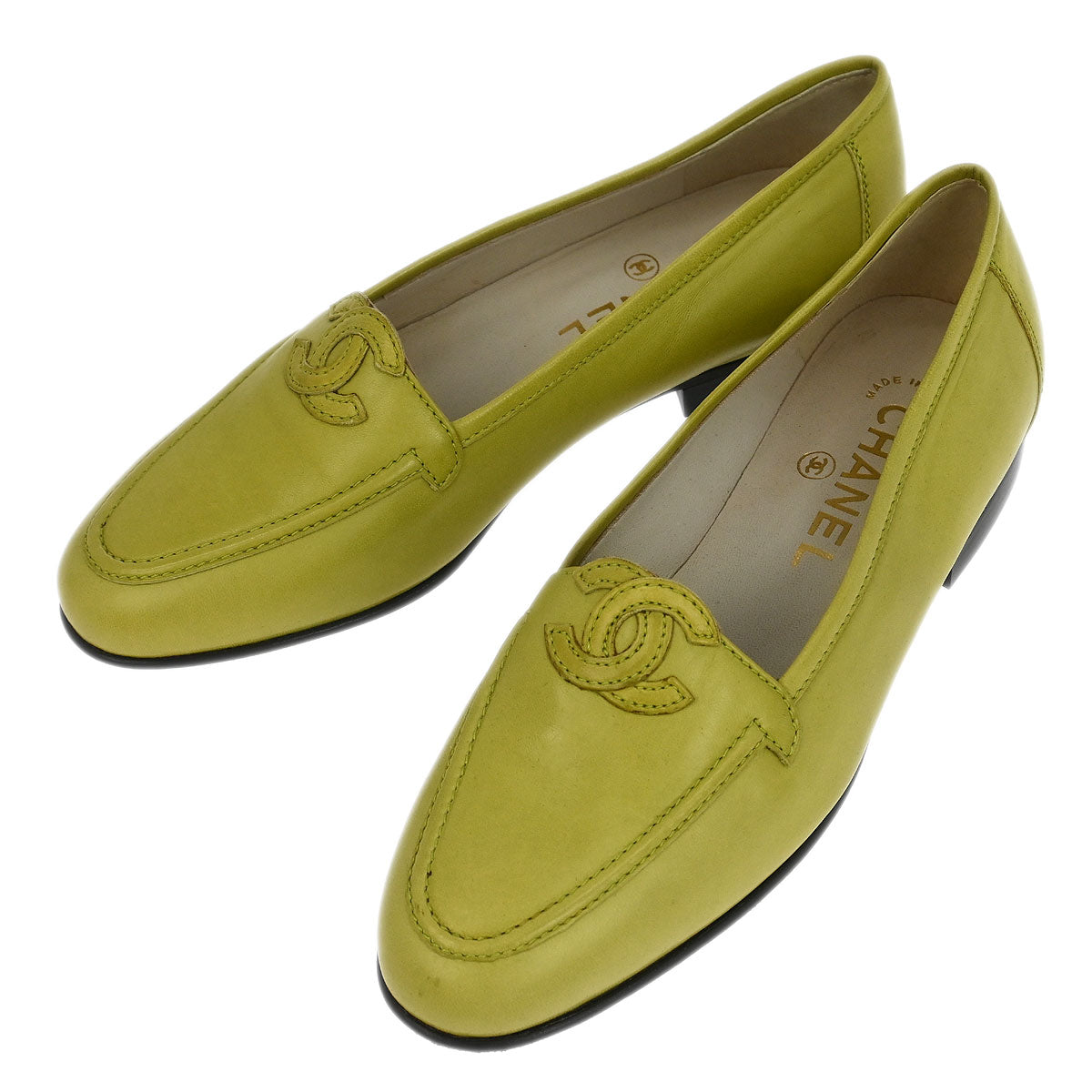 Chanel * Green Leather Shoes Loafers #36