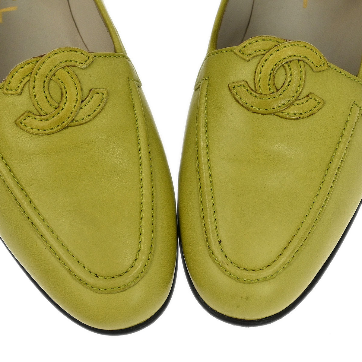 Chanel * Green Leather Shoes Loafers #36