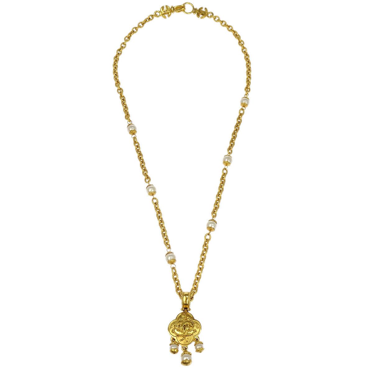 Chanel Costume Pearl Gold Chain Pendant Necklace 96A