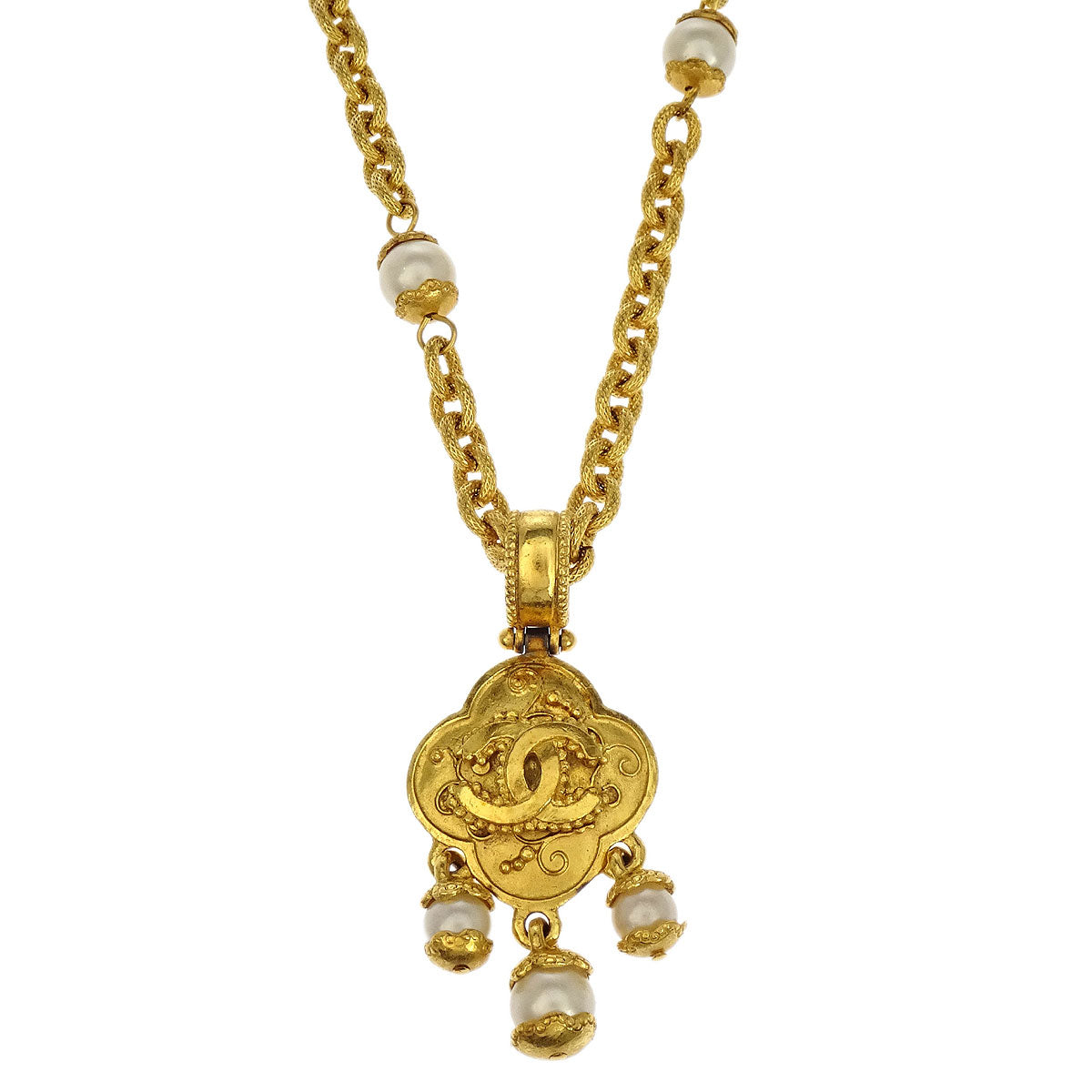 Chanel Costume Pearl Gold Chain Pendant Necklace 96A