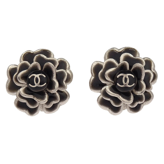 Chanel Flower Earrings Clip-On Silver Black 03C