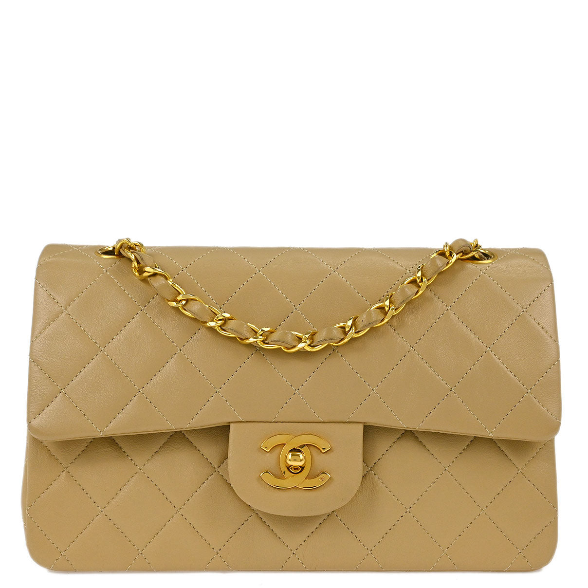 Chanel 1989-1991 Beige Lambskin Small Classic Double Flap Shoulder Bag