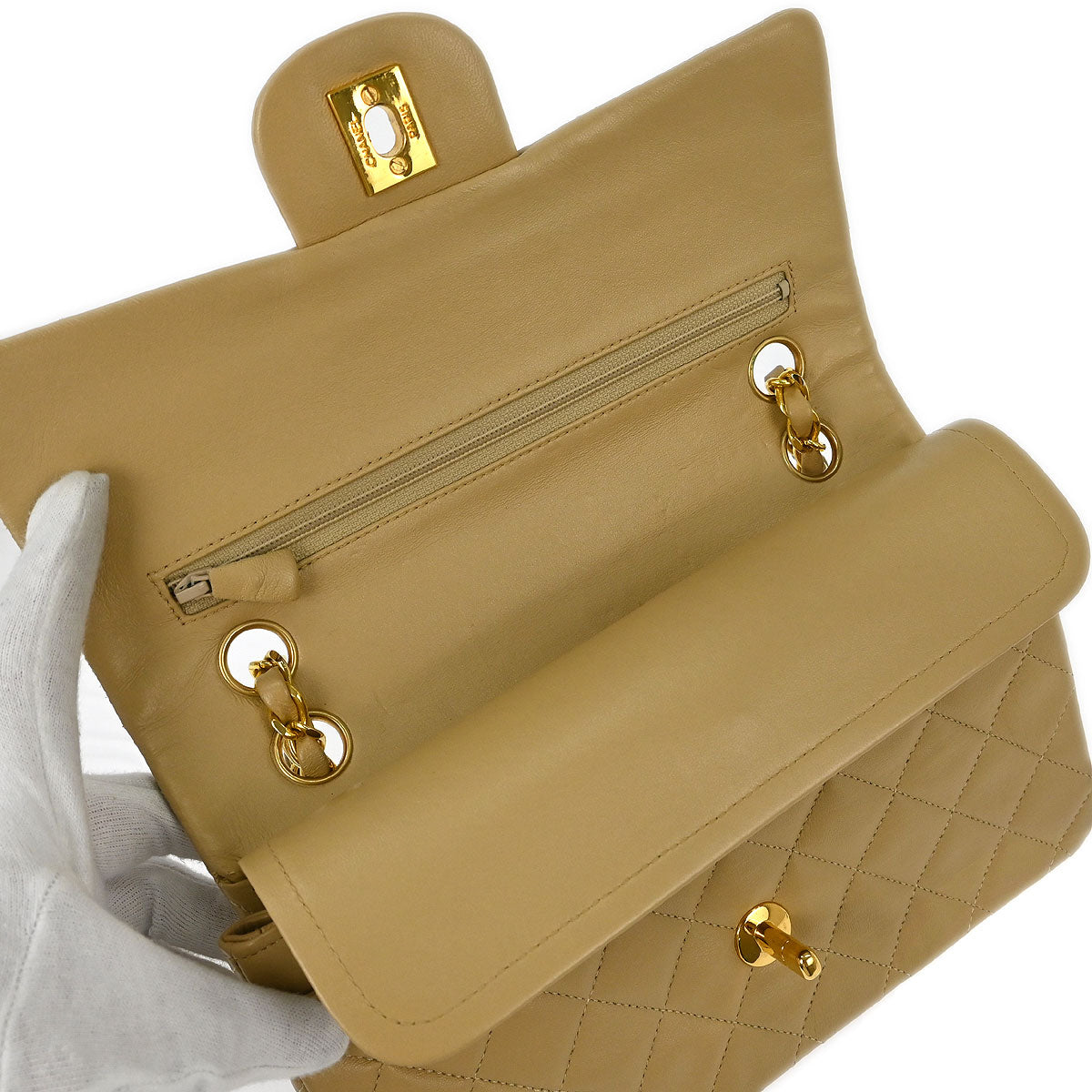 Chanel 1989-1991 Beige Lambskin Small Classic Double Flap Shoulder Bag