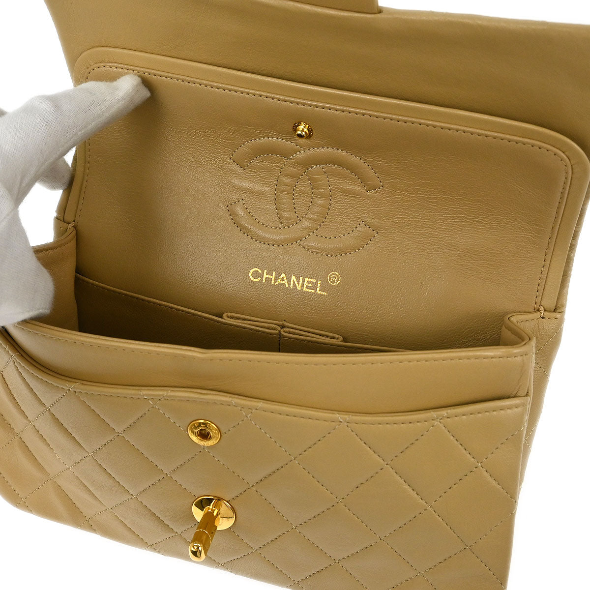 Chanel 1989-1991 Beige Lambskin Small Classic Double Flap Shoulder Bag