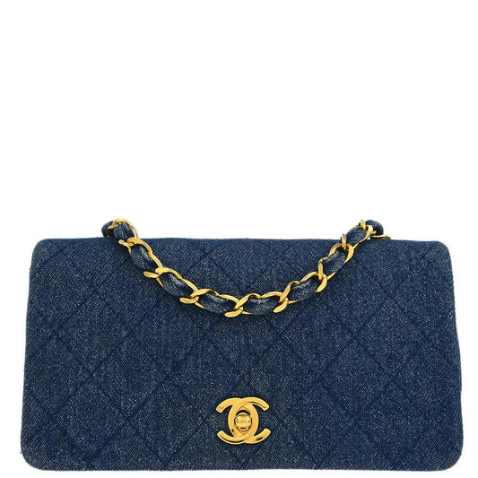 Chanel 1989-1991 Blue Denim Turnlock Mini Full Flap Shoulder Bag