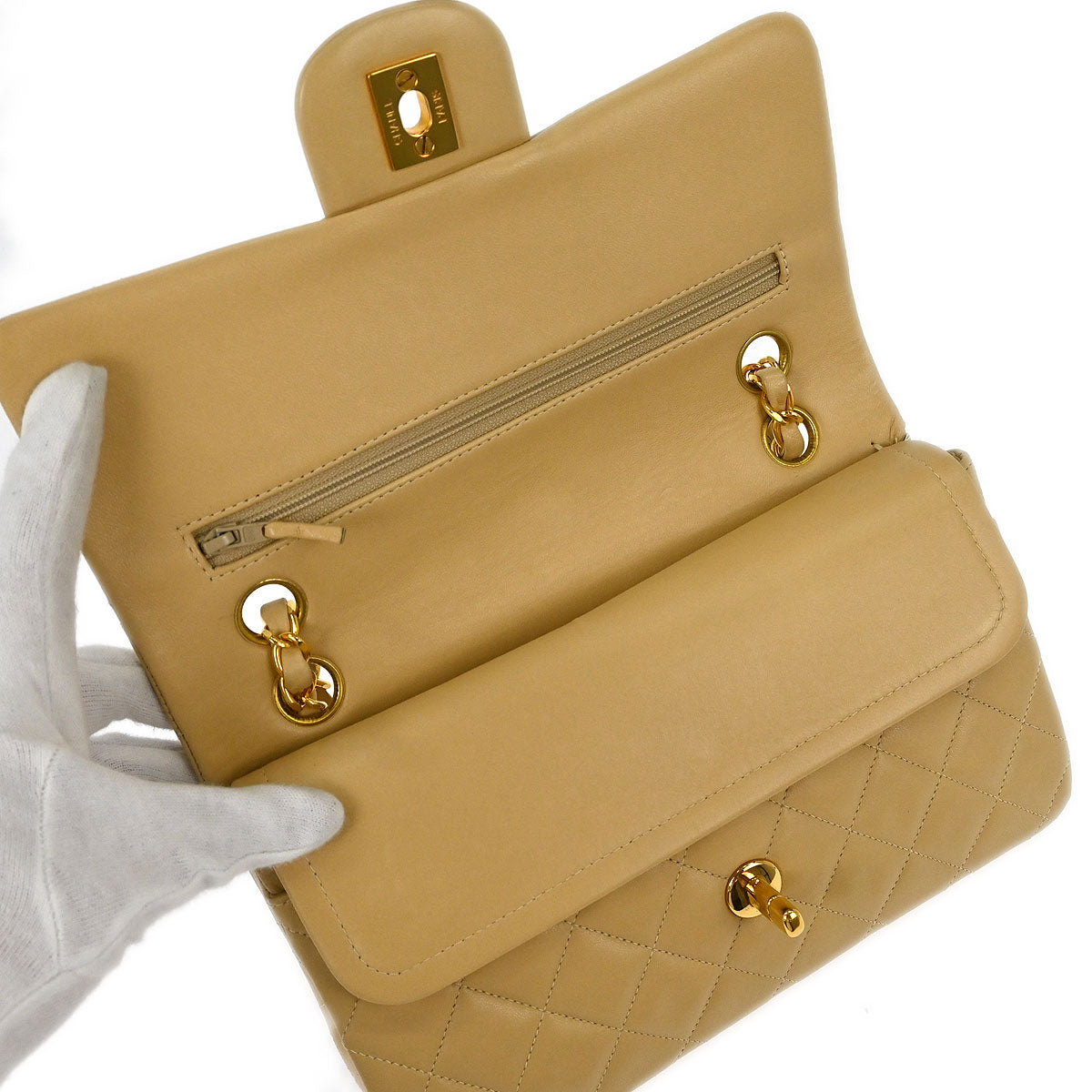 Chanel Beige Lambskin Small Classic Double Flap Shoulder Bag