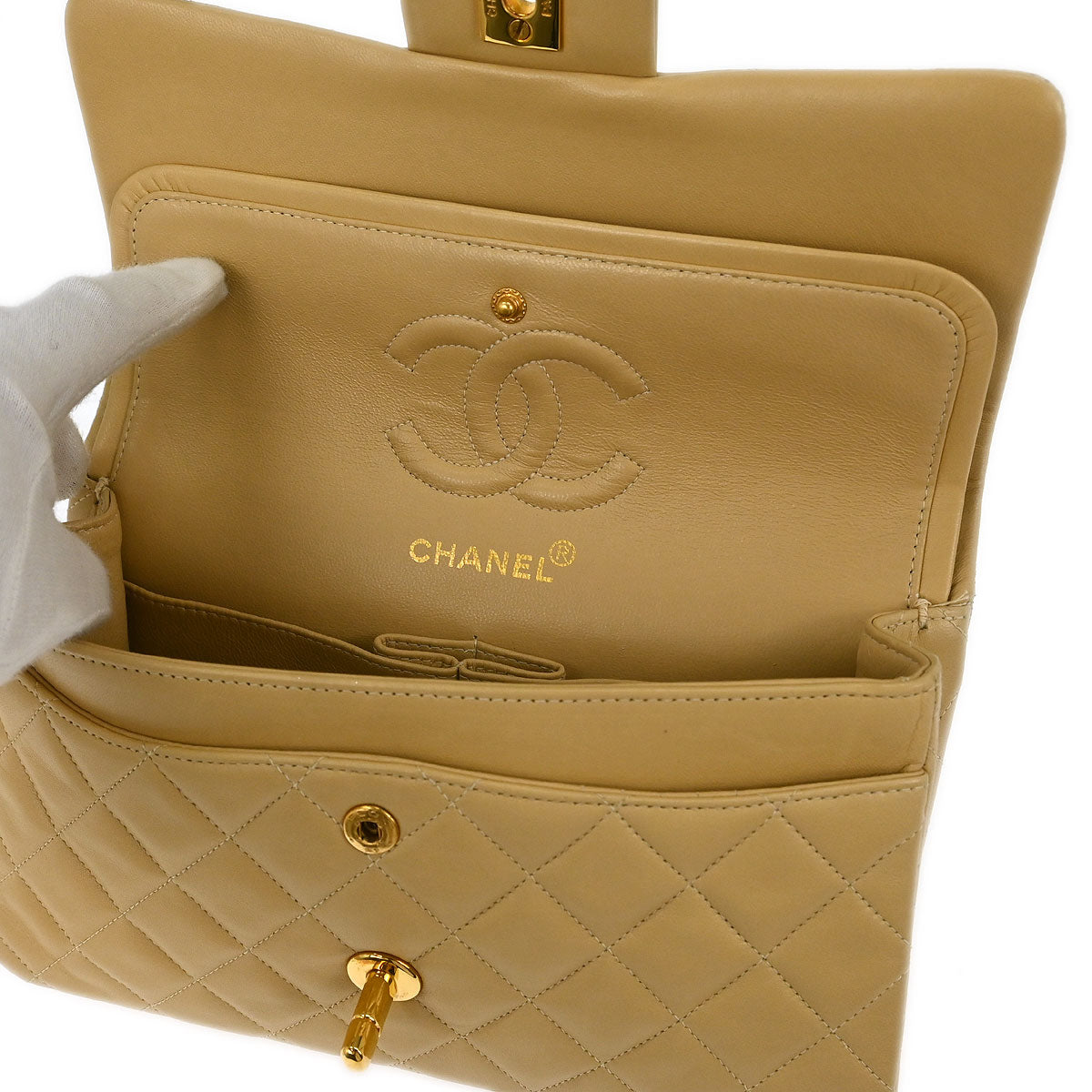 Chanel Beige Lambskin Small Classic Double Flap Shoulder Bag