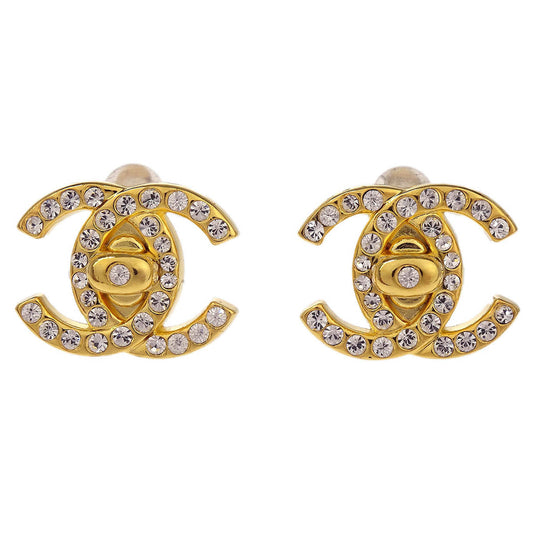 Chanel CC Turnlock Rhinestone Earrings Clip-On Gold Small 96A