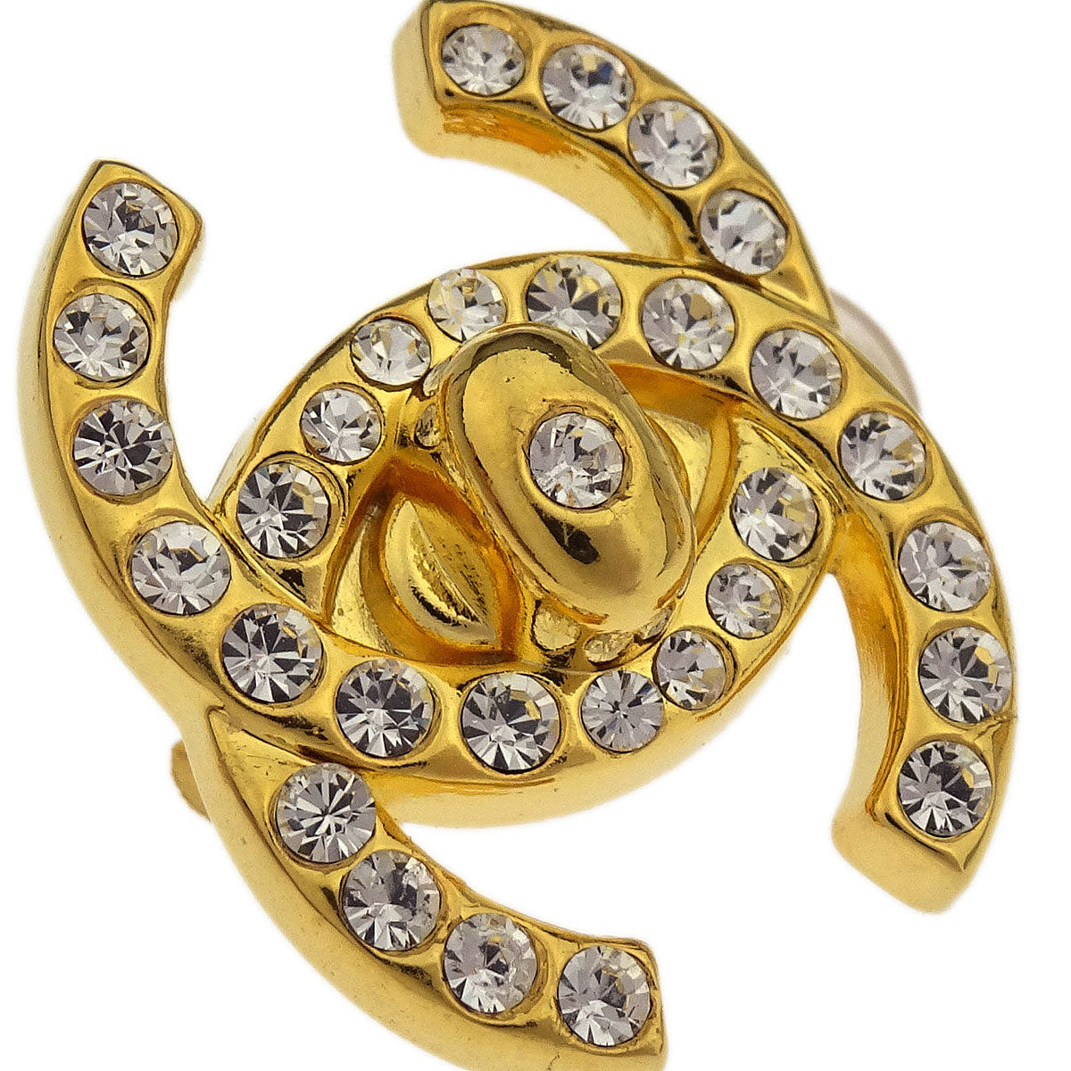 Chanel CC Turnlock Rhinestone Earrings Clip-On Gold Small 96A