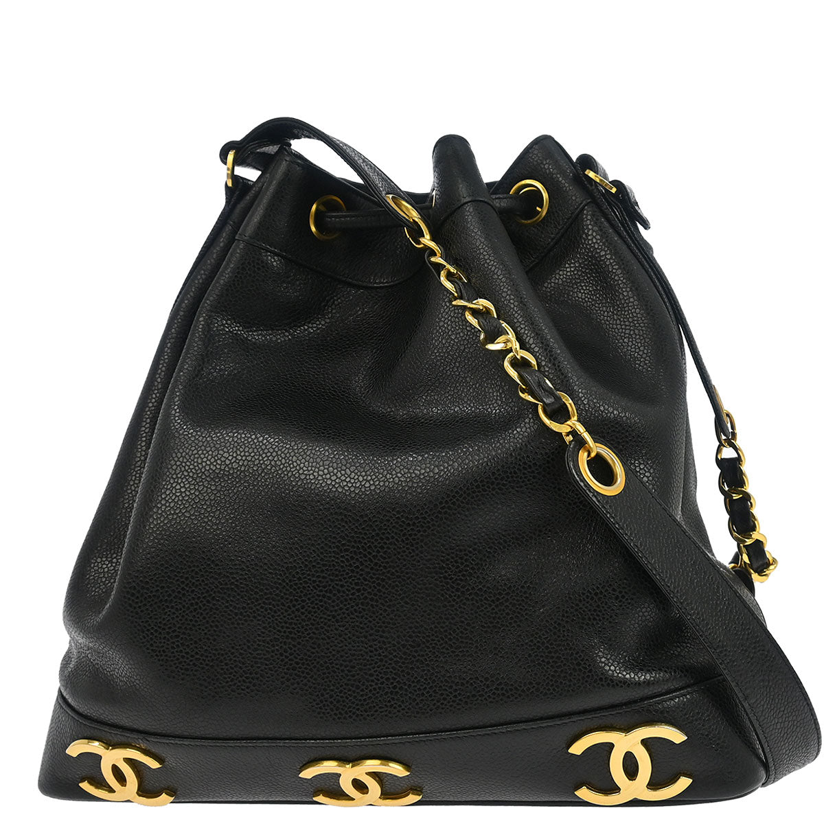 Chanel 1996-1997 Black Caviar Triple CC Drawstring Shoulder Bag
