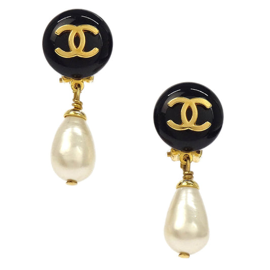Chanel Costume Pearl Dangle Earrings Clip-On Black 95A