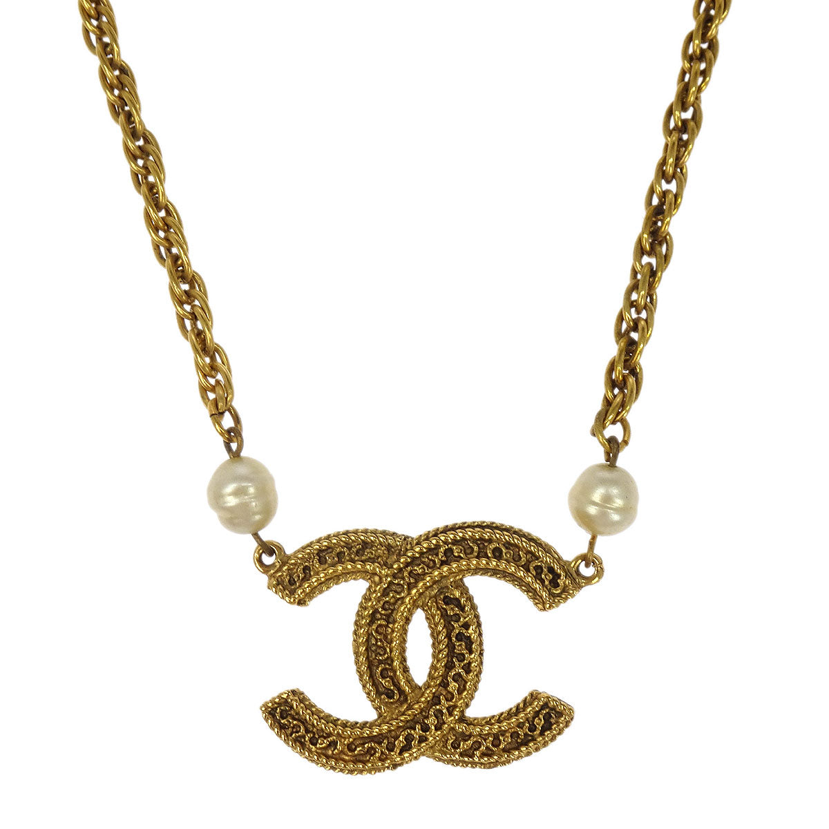 Chanel Costume Pearl CC Chain Necklace Pendant Gold