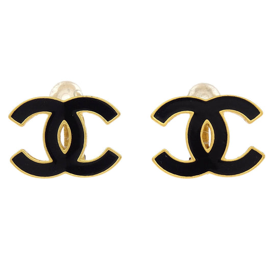 Chanel CC Black Earrings Clip-On Gold 02A