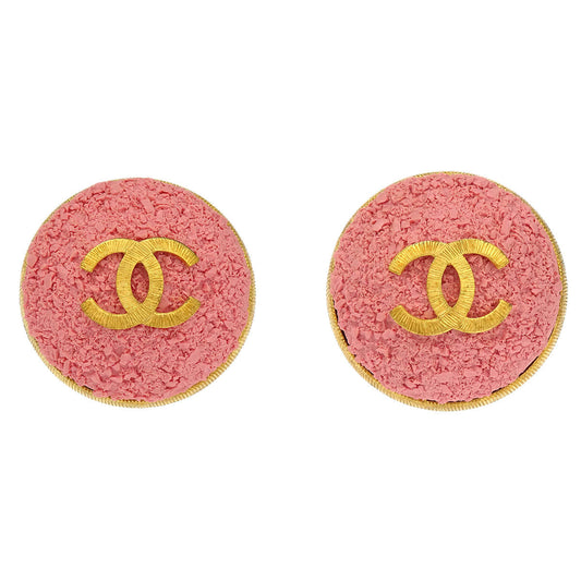 Chanel Gold Pink Button Earrings Clip-On 93C