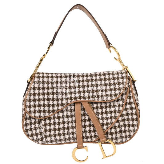 Christian Dior Brown Tweed Sequins Double Saddle Handbag