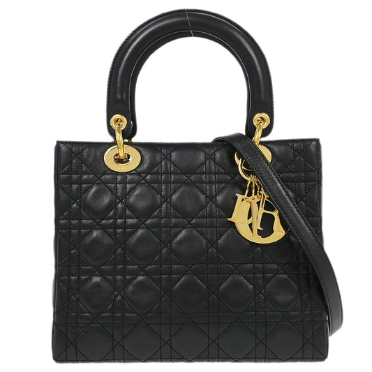 Christian Dior Black Lambskin Medium Lady Dior Cannage 2way Shoulder Handbag