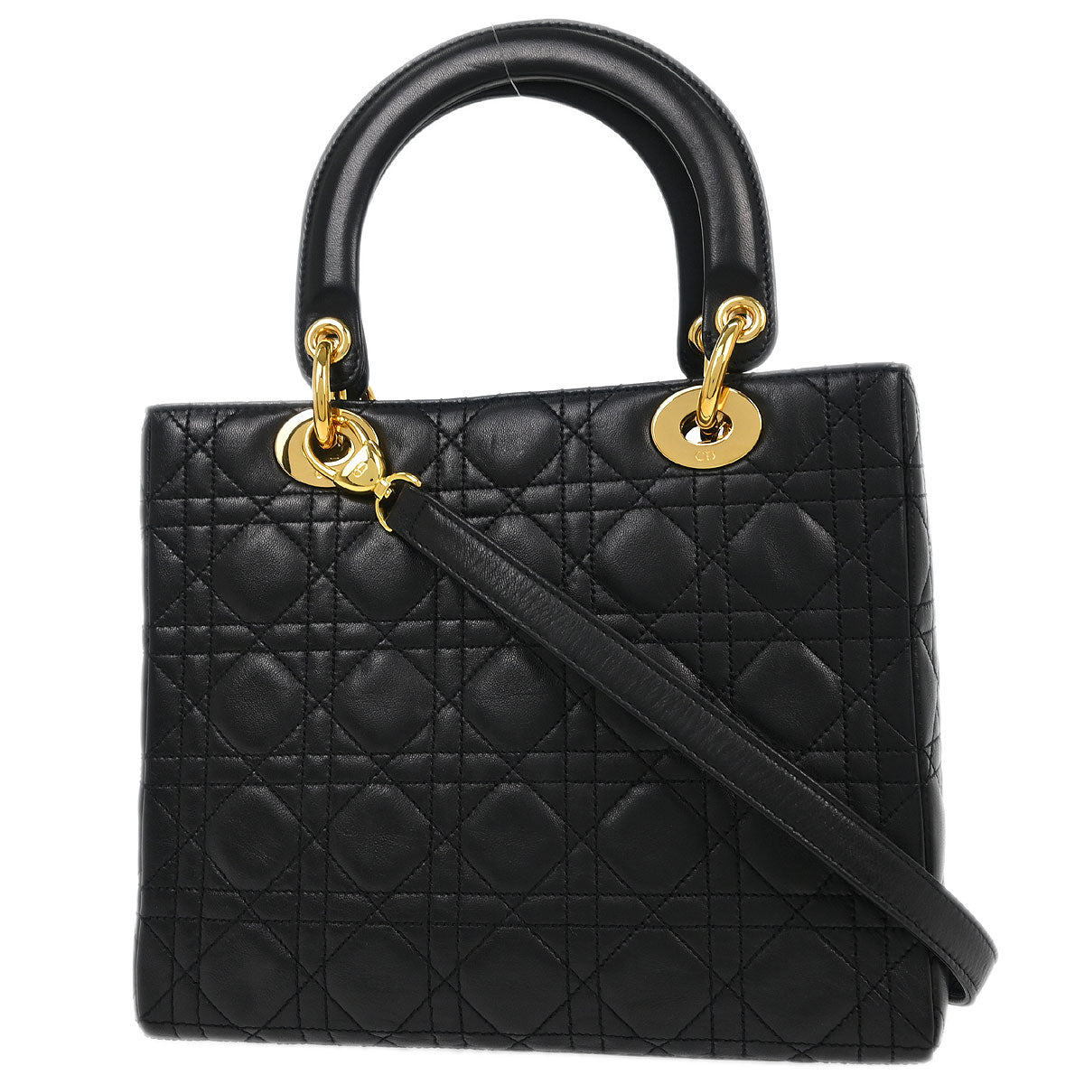 Christian Dior Black Lambskin Medium Lady Dior Cannage 2way Shoulder Handbag