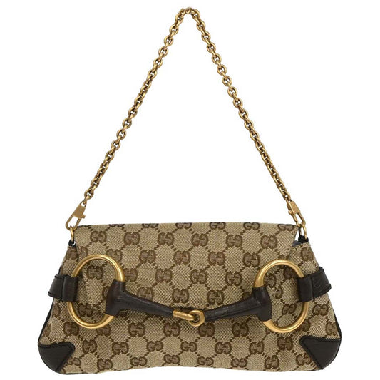 Gucci Beige Canvas GG Horsebit Clutch Chain Handbag