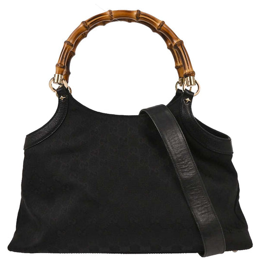 Gucci Black Canvas Bamboo 2way Shoulder Handbag