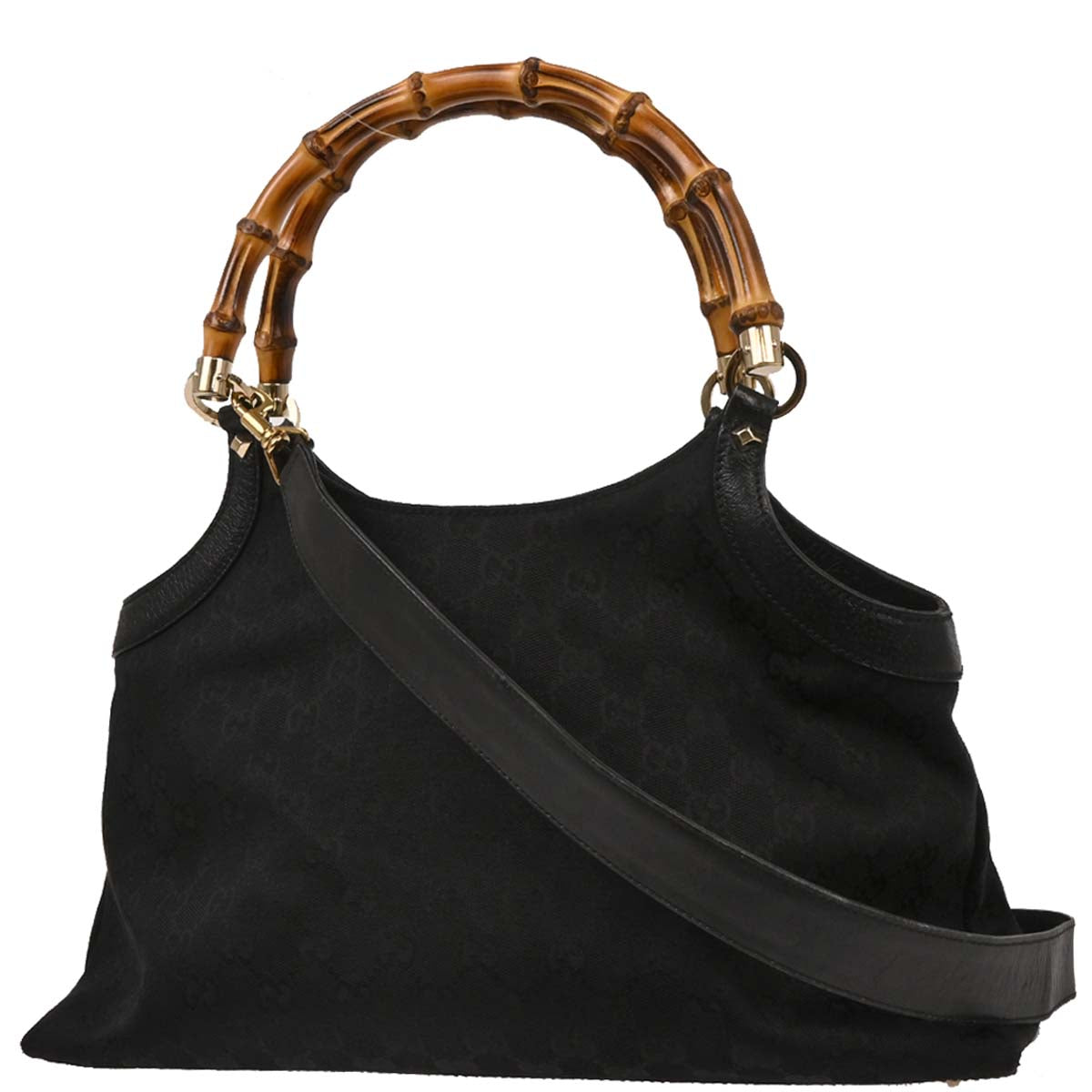 Gucci Black Canvas Bamboo 2way Shoulder Handbag