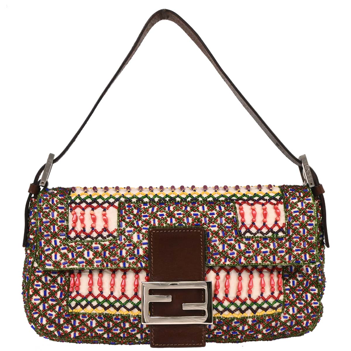 Fendi White Brown Canvas Beads Baguette Handbag