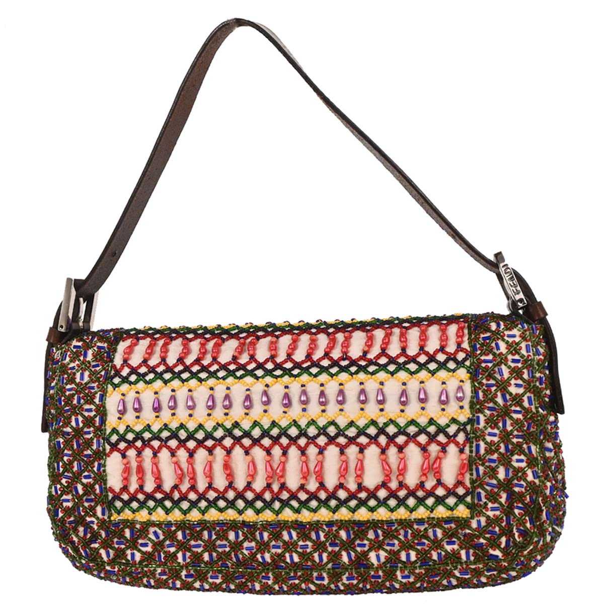 Fendi White Brown Canvas Beads Baguette Handbag