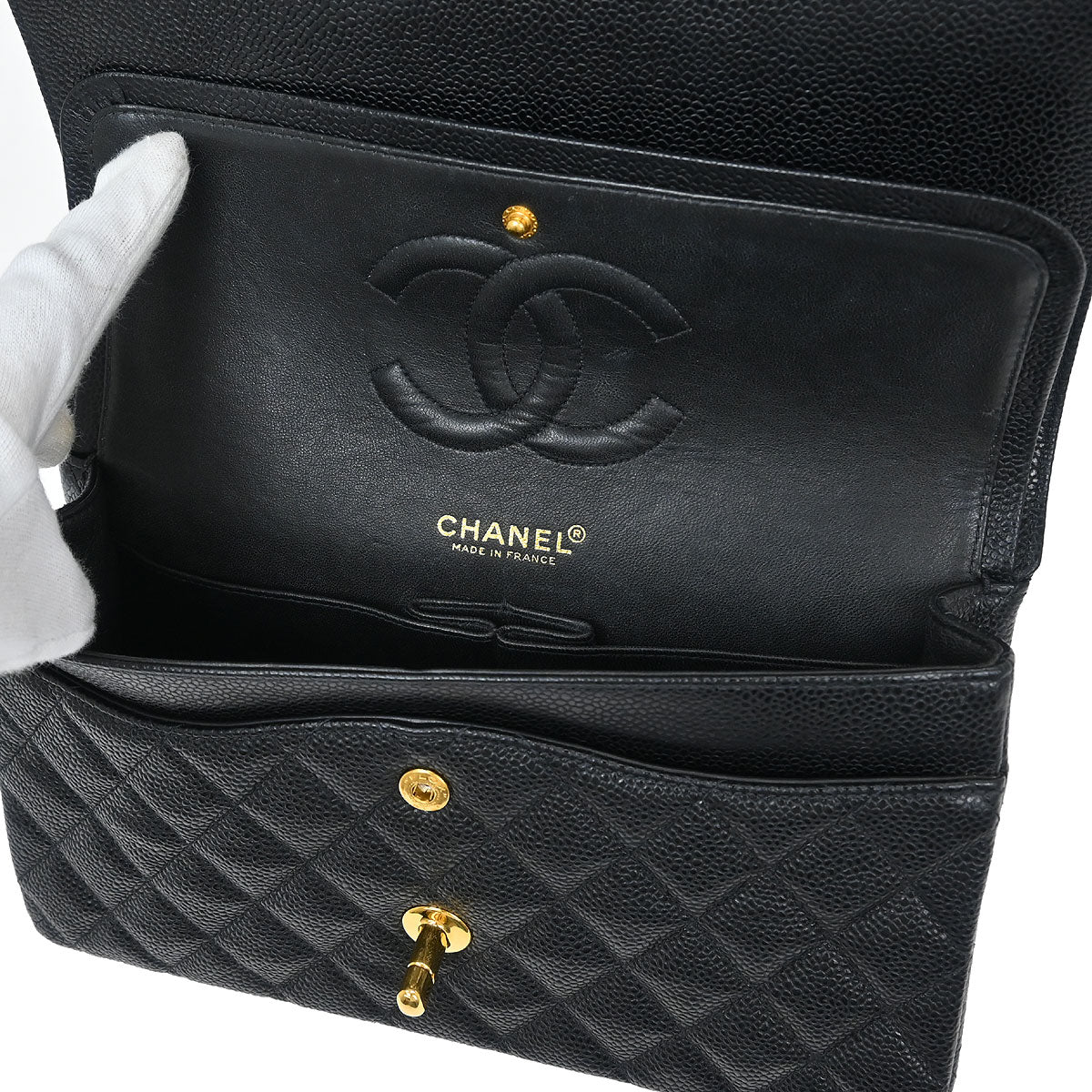 Chanel 1997-1999 Black Caviar Medium Classic Double Flap Shoulder Bag