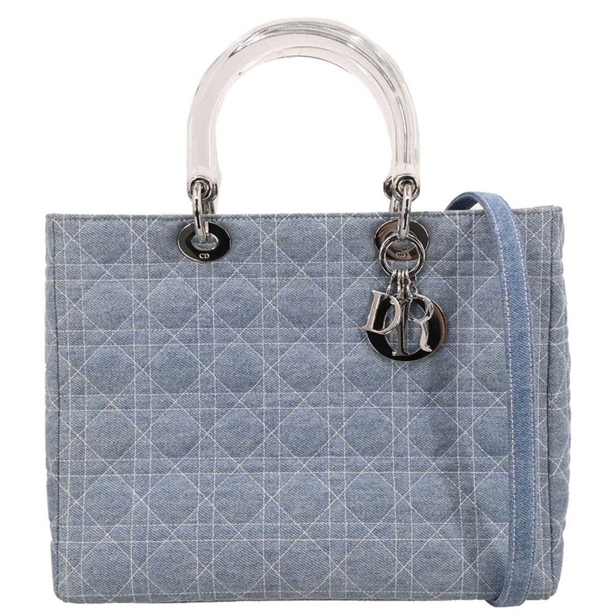 Christian Dior Light Blue Denim Large Lady Dior Cannage 2way Shoulder Handbag