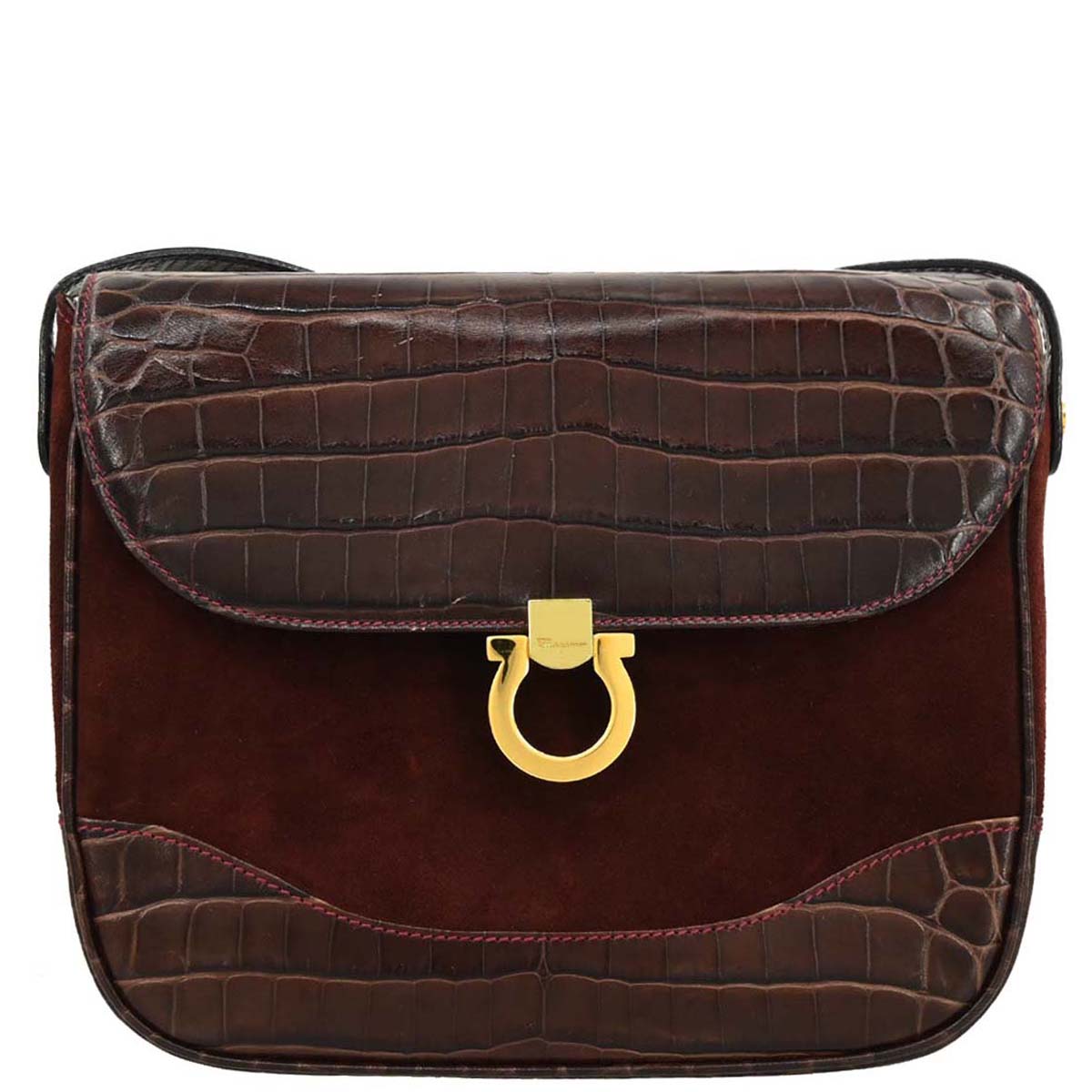 Salvatore Ferragamo Brown Suede Leather Gancini Shoulder Bag