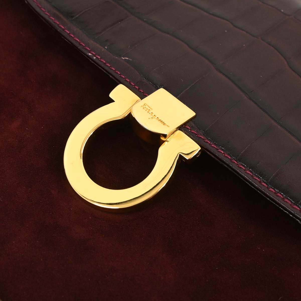 Salvatore Ferragamo Brown Suede Leather Gancini Shoulder Bag