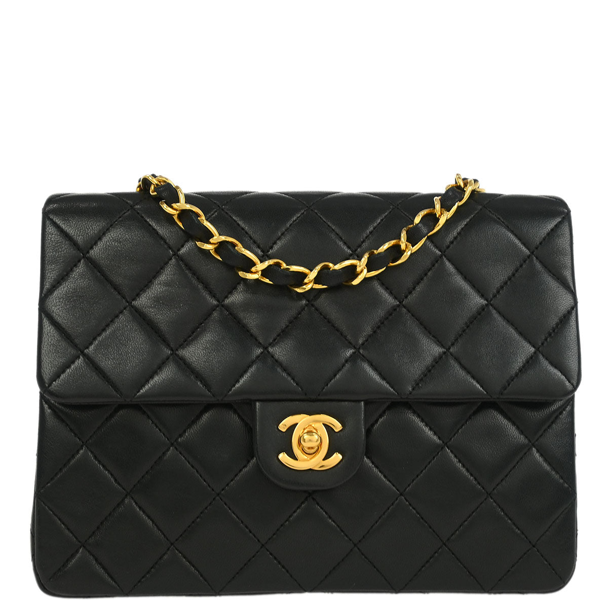 Chanel 1989-1991 Black Lambskin Classic Square Flap Shoulder Bag