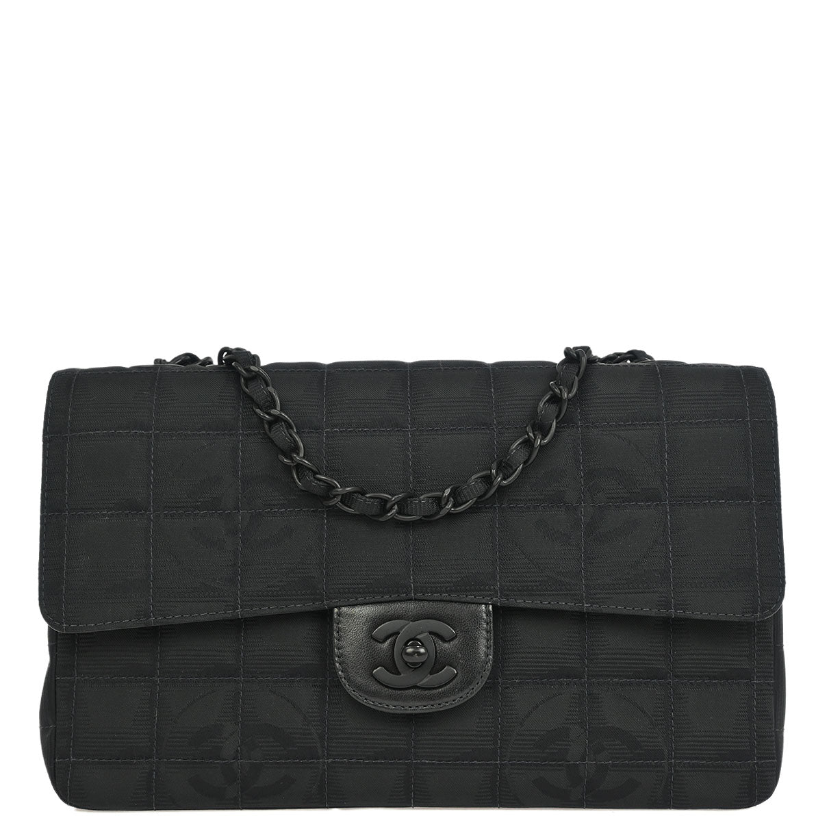 Chanel 2001-2003 Black Jacquard Nylon Travel Line Medium Classic Single Flap