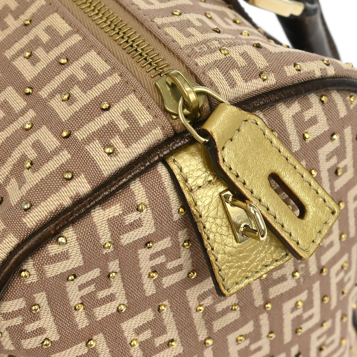 Fendi Bronze Beige Studded Zucchino Handbag