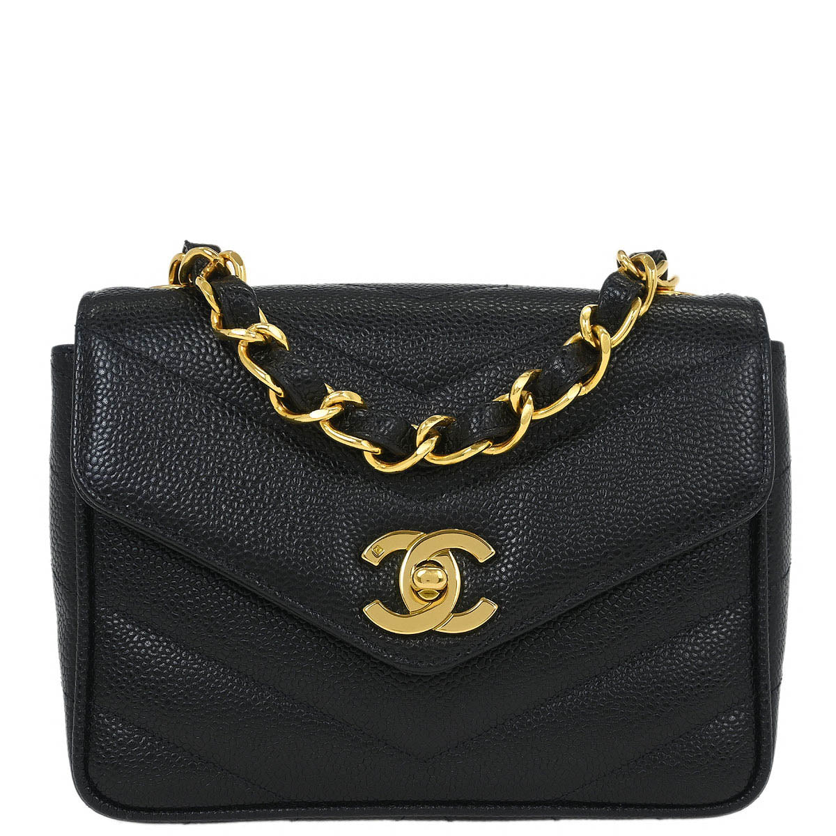 Chanel Black Caviar Chevron Single Flap Shoulder Bag
